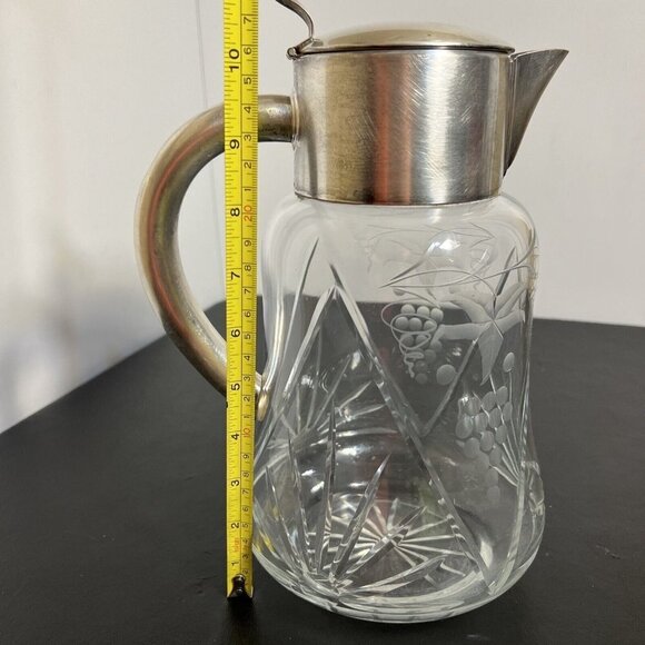 Vintage HKE Pitcher Cold Crystal Glass Closed Silver Plated Mount 10” - Picture 15 of 16